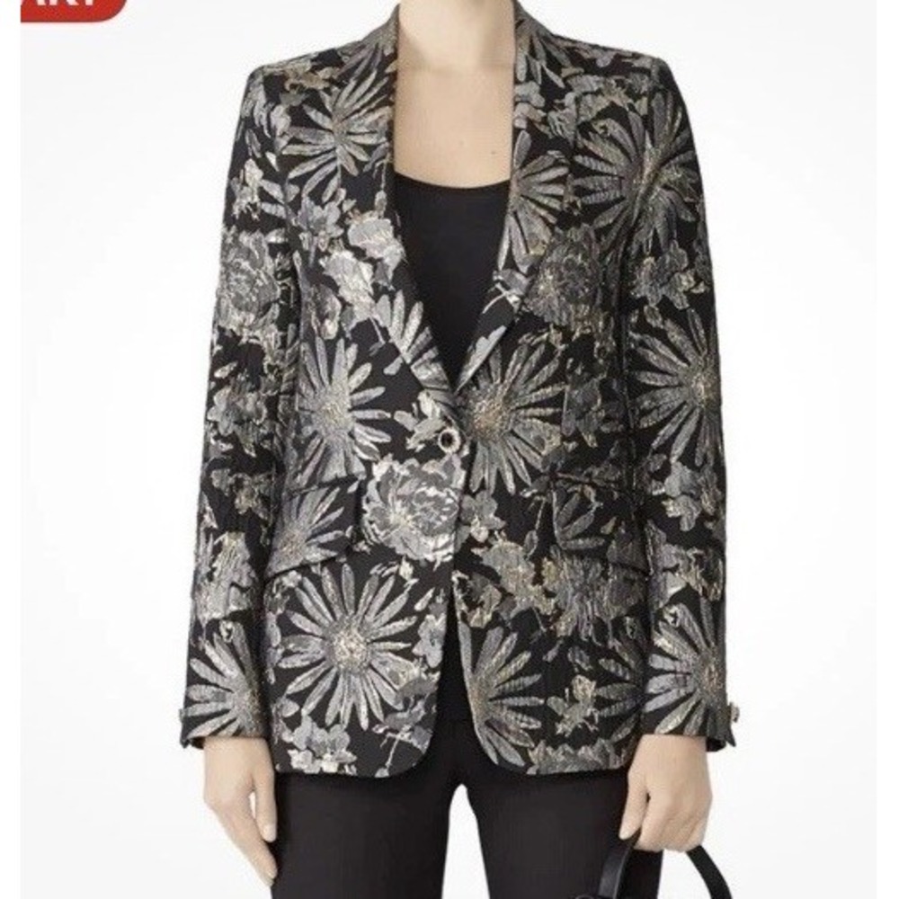 Trina Turk Black & Gold Metallic Floral Vedutta Blazer Jacket Coat - Small / 4